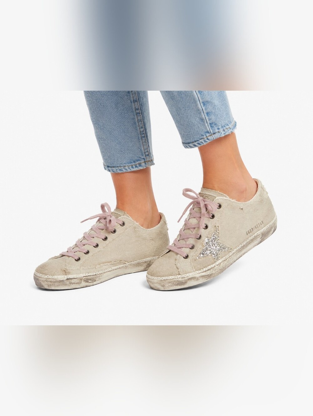 Golden Goose Superstar Distressed Linen Glitter Star Sneakers Pink Laces EU 40 - Picture 1 of 16